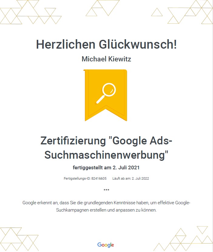 zertifikat google suchmaschinenwerbung
