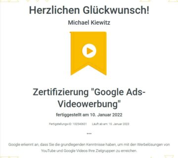 Google Ads Videowerbung Zertifikat