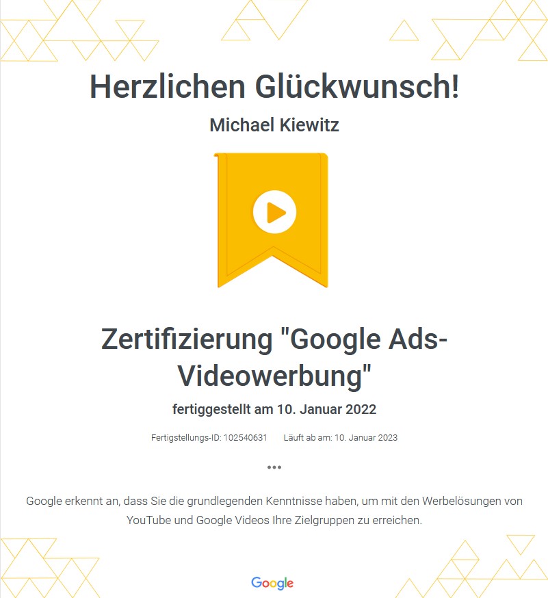 Google Ads Videowerbung Zertifikat