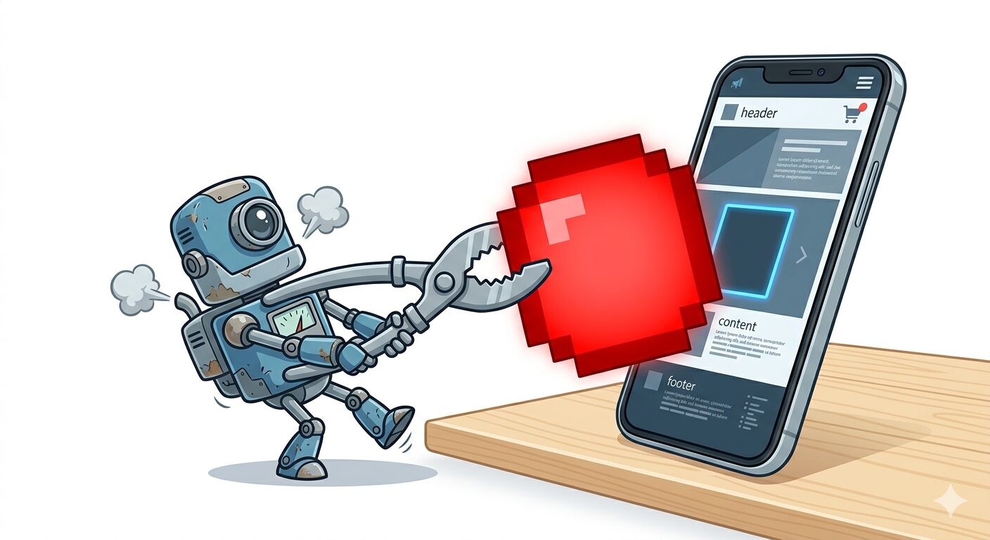 Ein kleiner Cartoon Roboter, der versucht, ein riesiges, widerspenstiges rotes Pixel mit einer Zange an die richtige Stelle auf einem riesigen Smartphone Bildschirm zu zerren 